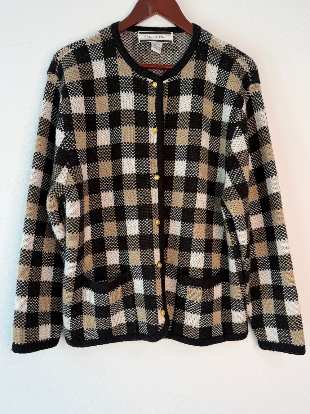 Vintage 90s Crystal Kobe Neutral Plaid Knit Cardigan Jacket Gold Buttons XL Prep
